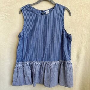Time And Tru Blue White Striped Cotton Tank Top Peplum Waist Size Large